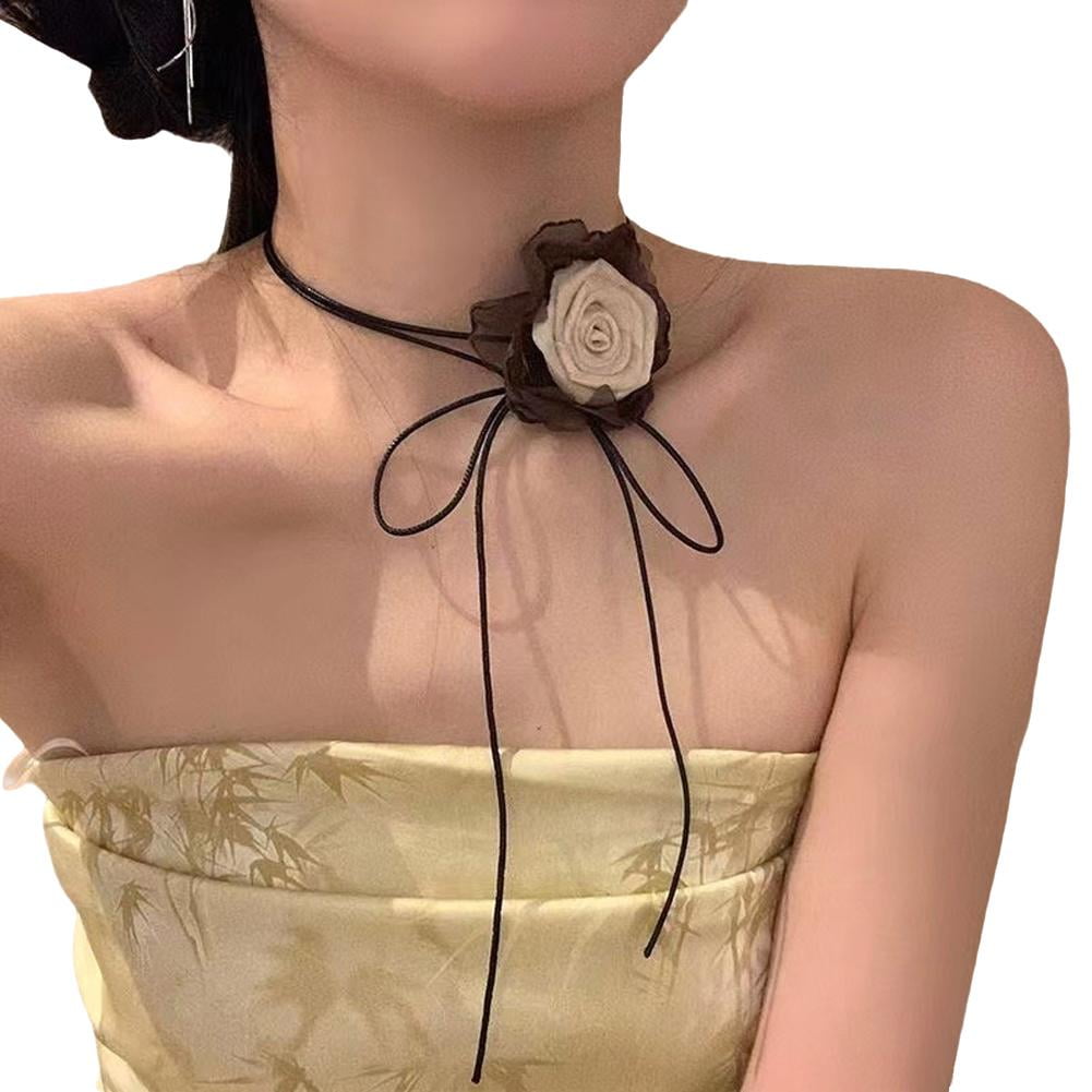 SSKFHGI Beige-Black Leather Rope Flower Strap Choker Necklace