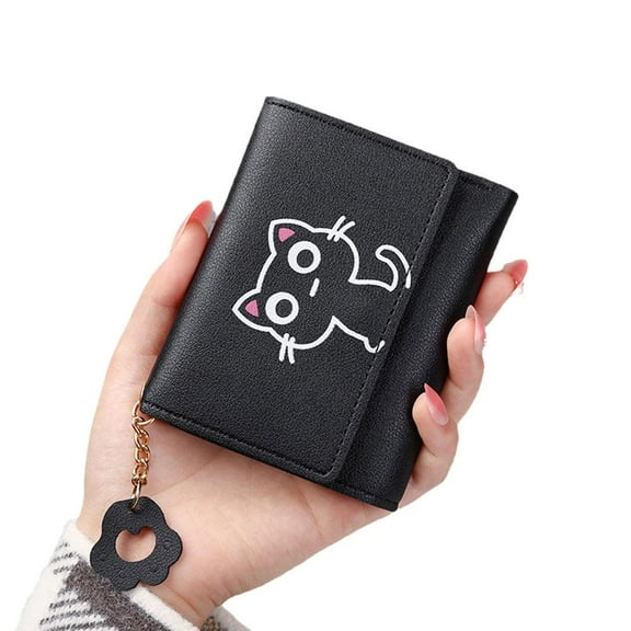 SSKFHGI Black Cartoon Cute Wallet Women Short Trifold Cat Girls Small Wallet Female Earth Wallet