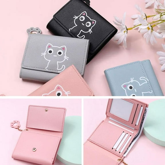 SSKFHGI Black Cartoon Cute Wallet Women Short Trifold Cat Girls Small Wallet Female Earth Wallet