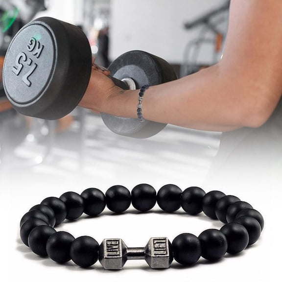 SSKFHGI Black Matte + Silver Dumbbell 19cm Accessories Silver Bracelet Elastic Matte Alloy Men'S Dumbbell Energy Bracelet Yoga Beaded Bracelet