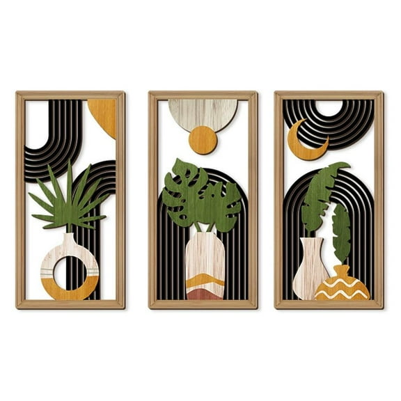 SSKFHGI Boho Wall Art Set of 3, Abstract Geometric Wooden Wall Decor, Mid-Century Modern Aesthetic Artwork with Arch, Vase & Botanical Design for Living Room, Bedroom, Office
