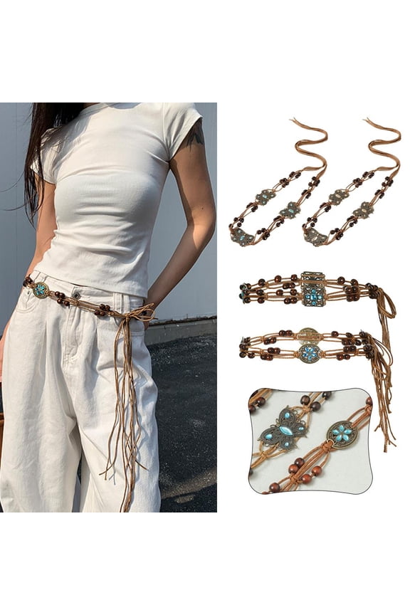 Butterfly Blue Waist Chain Retro Versatile Braided Waist Rope Bohemian Women'S Waist Belt Ethnic Belt Korean Style Decorative Casual Waist Chain