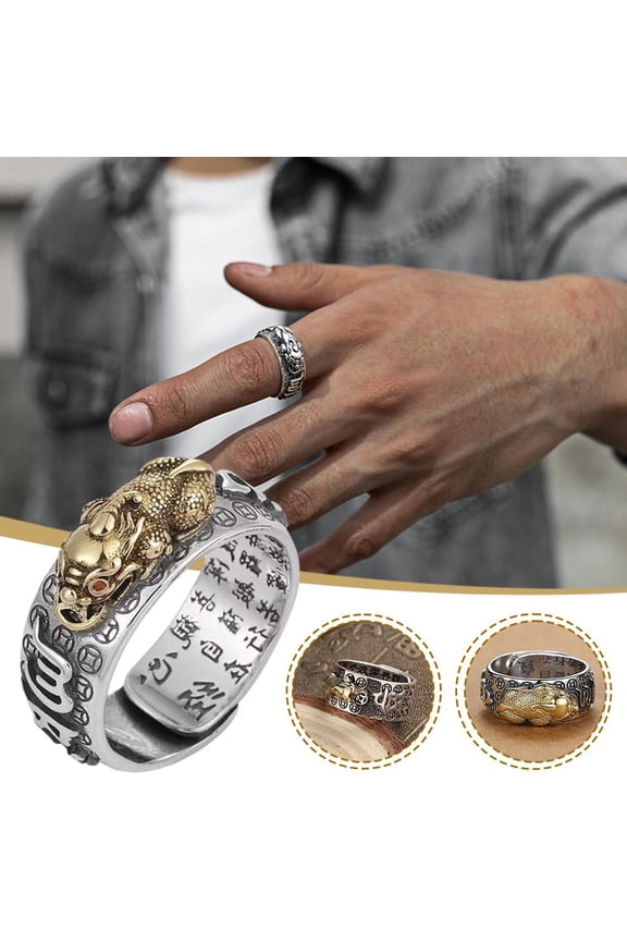 Copper Pixiu New Thai Silver Small Pixiu Golden Toad Vajra Heart Sutra Ring For Men And Women To Attract Wealth Pomegranate Retro Six-Character Mantra Personality Trend