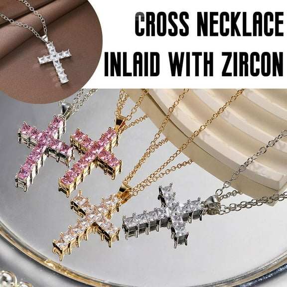 SSKFHGI Crystal Cross Pendant Necklace Chain Alloy Zircon Neutral Style