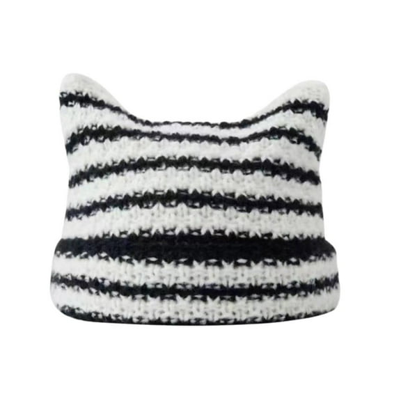 SSKFHGI Cute Cat Ears Striped Knitted Hat Japanese Style Warm Wool Cap Women