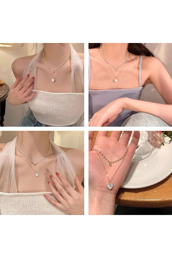 SSKFHGI Doublelayer Heart Necklace Summer Pearl Stacking Necklace