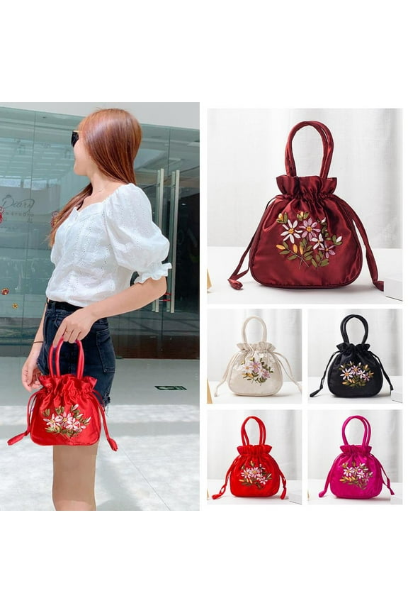 Embroidered Flower Small Bucket Bag Handmade Cosmetic Handbag Women
