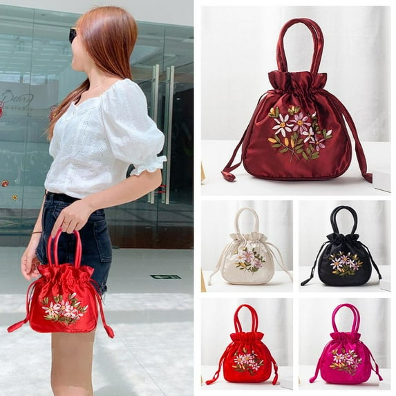 SSKFHGI Embroidered Flower Small Bucket Bag Handmade Cosmetic Handbag Women