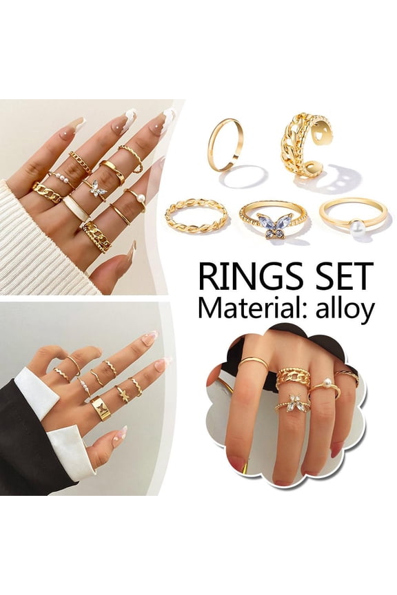 Fashion Butterfly Crystal Pearl Rings Set Women Finger Rings Jewel