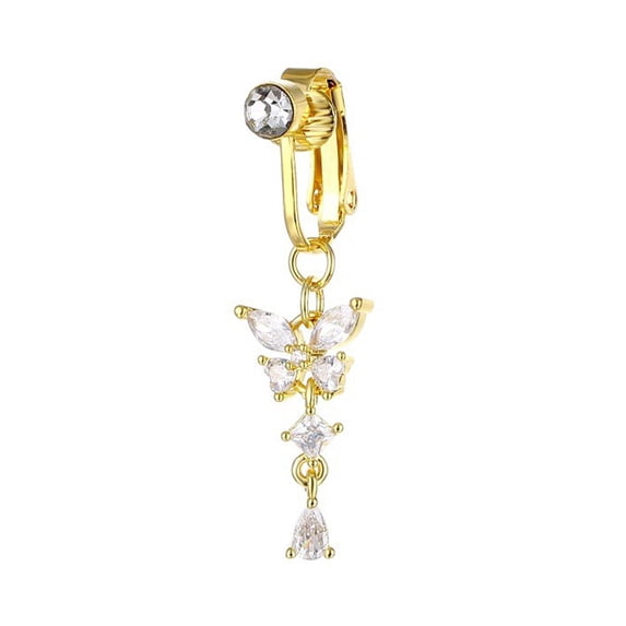 SSKFHGI Gold New Style Free Punching Large Zircon Butterfly Belly Button Nail Fake Belly Button Ring Tk Fire No Piercing Sexy Belly Button Hot Dance Style