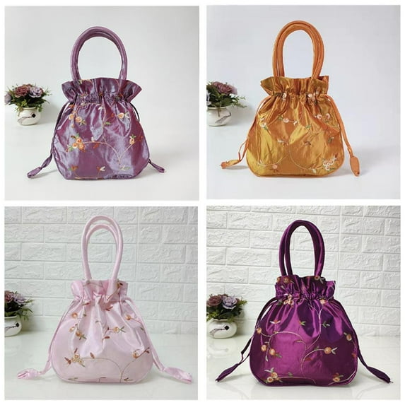 SSKFHGI New Womens Small Embroidered Handbag Ethnic Style Drawstring Bucket Bag