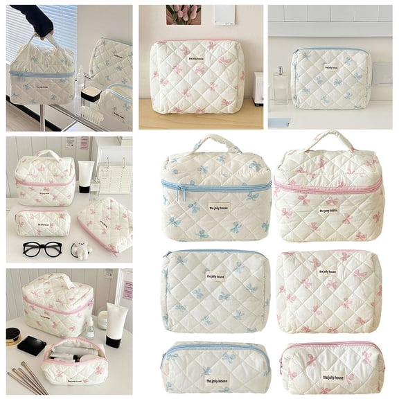 SSKFHGI Quilted Bow Blue (Clutch Bag) Quilted White Bow Cosmetic Bag Small Fresh And Cute Student Portable Storage Bag Toiletry Bag Large Capacity Bag