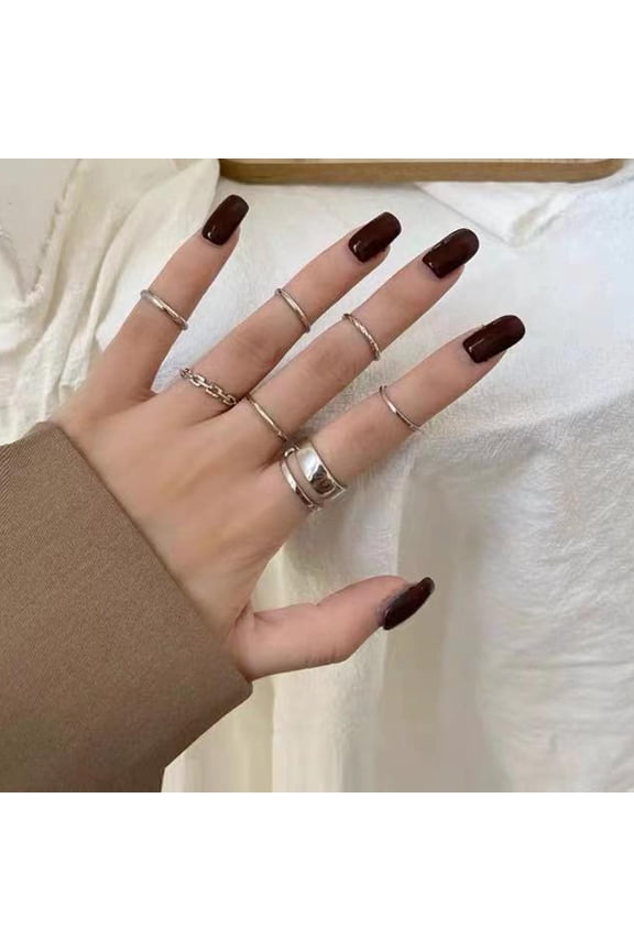 Seven-Piece Ring Set Silver Open Adjustable Women'S Hip-Hop Ring Set