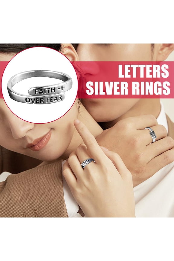 Silver FAITH CONQUER FEAR Finger Opening Letters Rings D6 Men Adjustable S2
