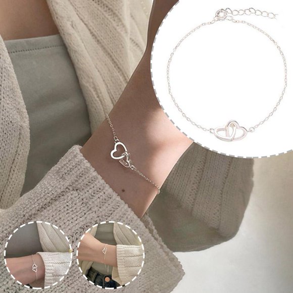 Silver Japanese And Korean Ins Trend Simple Sweet Double Love Peach Heart Bracelet Cold Style Small Interlocking Heart-Shaped Hand Jewelry For Women