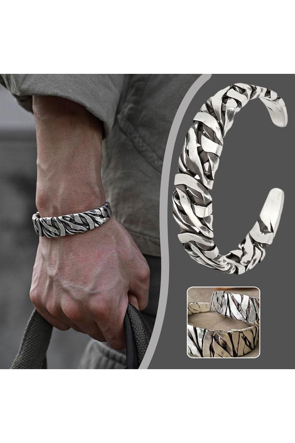 Silver Retro C-Shaped Braided Bracelet For Men, Personality Trend, Domineering Niche Open Bracelet, Handsome Temperament Wide Bracelet