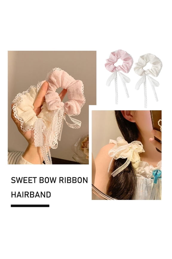 White Ribbon Lace Lace Bow Ribbon Large Intestine Hair Ring Korean Knotted Fat Intestine Hair Ring Bow Ribbon Hair Rope Rubber Band Hair Accessories