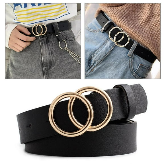 SSKFHGI Women Faux Leather Belt Double Rings Buckle Belt Waist Waistband Belts