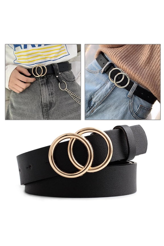 SSKFHGI Women Faux Leather Belt Double Rings Buckle Belt Waist Waistband Belts