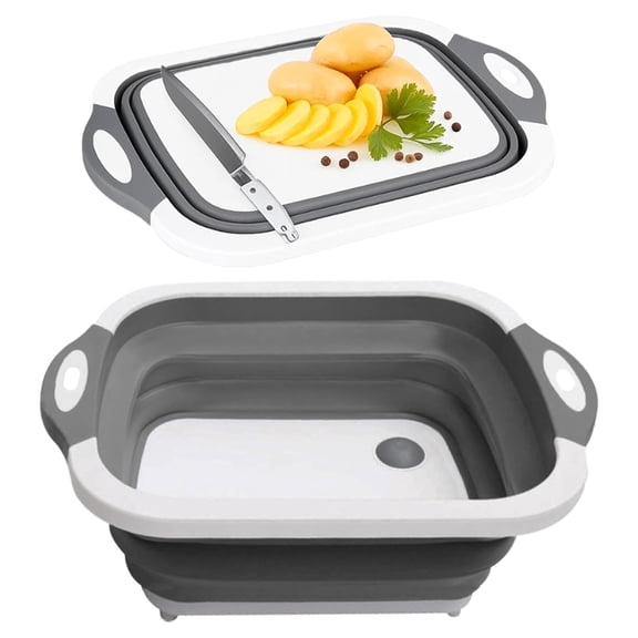 SSKT 3-in-1 Collapsible Cutting Board  Multifunctional Kitchen Sink Tub Basin with Drain, Chopping Board & Washing up Bowl  Space-Saving & Portable for Kitchen, Camping, RV, & Outdoor Use (Grey)