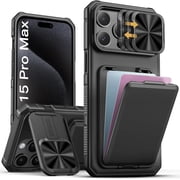 SSLOTSCASE for iPhone 15 Pro Max Case with Card Holder & Kickstand Slide Camera Lens Cover Stand Wallet, Military-Grade Heavy Duty Phone 5G 2023, Black