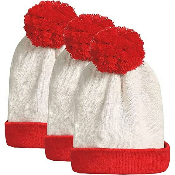 SSLR Adult Beanie Hat Christmas Beanie Hat Red White Knitted Pompom Cuff
