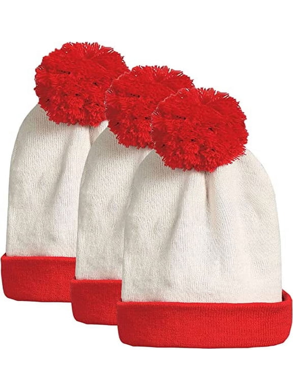 Adult Beanie Hat Christmas Beanie Hat Red White Knitted Pompom Cuff
