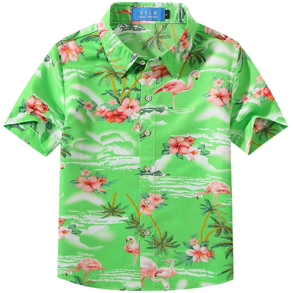 SSLR Big Boys Flamingos Hawaiian Shirt Button Down Shirt Short Sleeve Luau Shirt for Kids