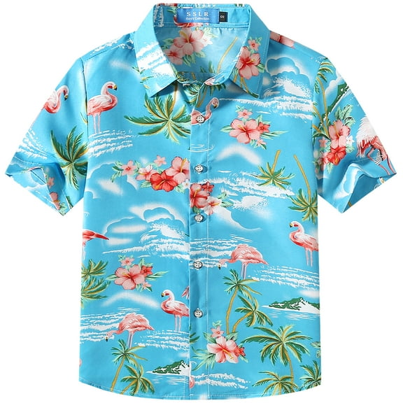 SSLR Big Boys Flamingos Hawaiian Shirt Button Down Shirt Short Sleeve Luau Shirt for Kids