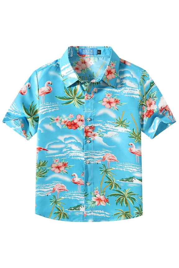 Big Boys Flamingos Hawaiian Shirt Button Down Shirt Short Sleeve Luau Shirt for Kids