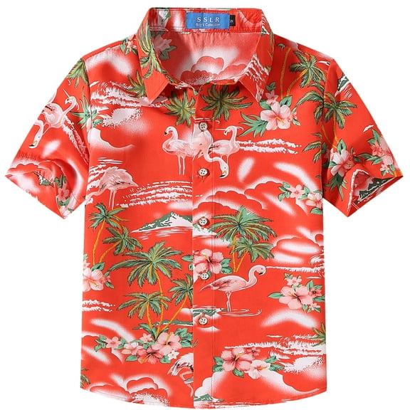 SSLR Big Boys Flamingos Hawaiian Shirt Button Down Shirt Short Sleeve Luau Shirt for Kids