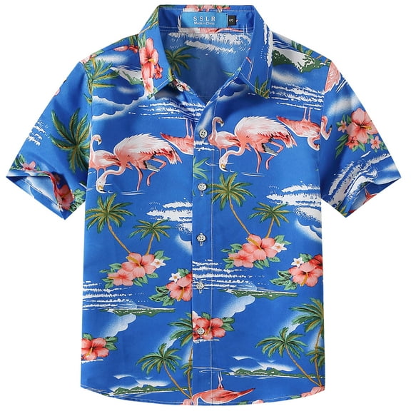 SSLR Big Boys Flamingos Hawaiian Shirt Button Down Shirt Short Sleeve Luau Shirt for Kids