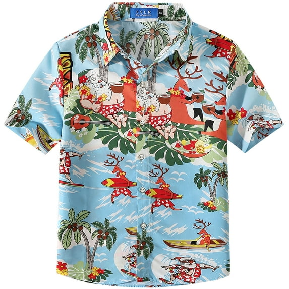 SSLR Big Boys' Santa Claus Party Tropical Ugly Hawaiian Christmas Shirts Casual Button Down Shirts