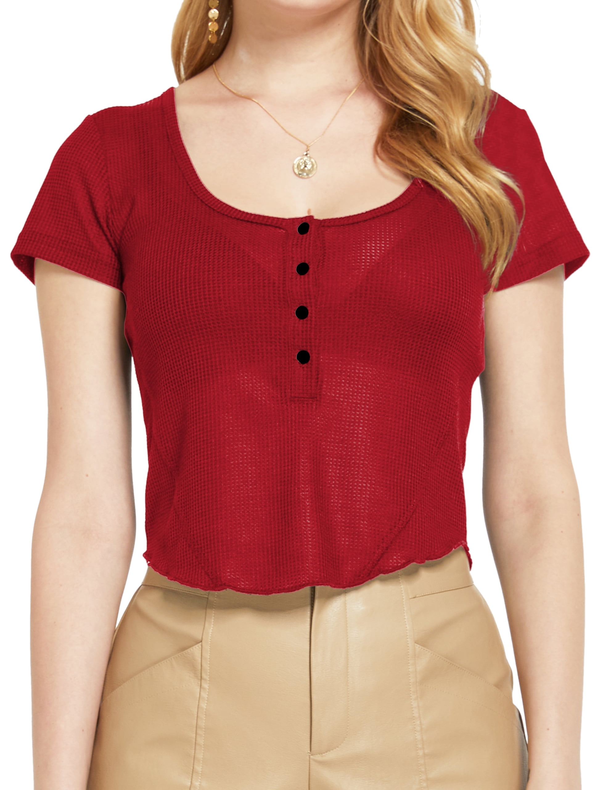 SSLR Crop Tops for Women Short Sleeve T Shirts Waffle Ribbed Henley ...
