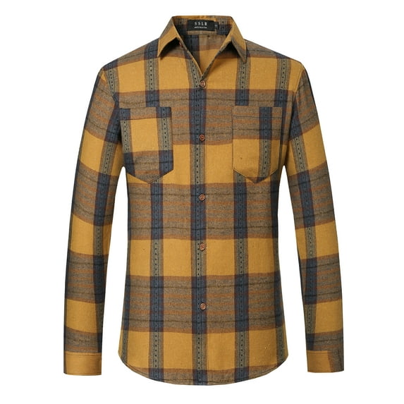 SSLR Flannel Shirts for Men, Long Sleeve Button Down Shirt Lightweight Plaid Brushed Casual