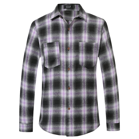 SSLR Flannel Shirts for Men, Long Sleeve Button Down Shirt Lightweight Plaid Brushed Casual