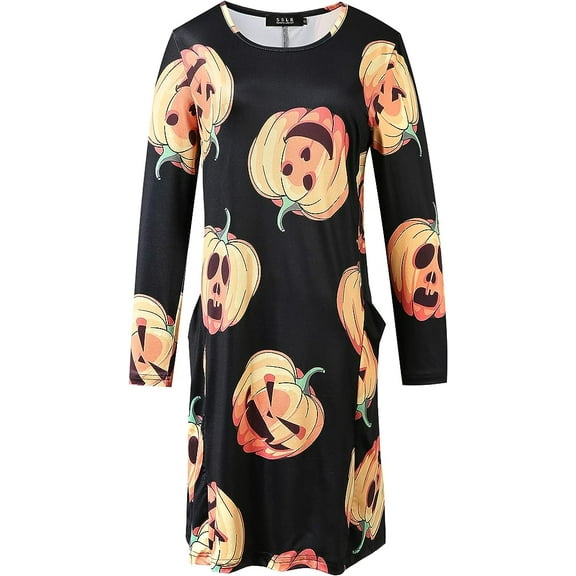 SSLR Halloween Dress for Women Long Sleeve Witch Dress Pumpkins Skeleton Funny Halloween Dress
