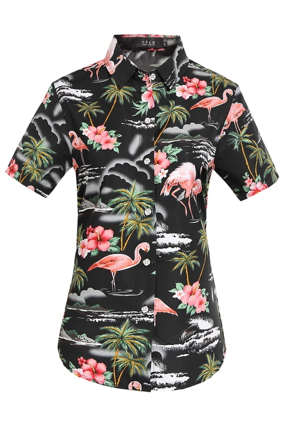 Hawaiian Shirt for Women Flamingo Short Sleeve Casual Button Down Shirts Beach Aloha Tops