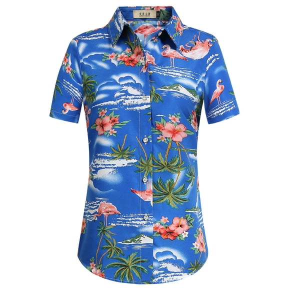 SSLR Hawaiian Shirt for Women Flamingo Short Sleeve Casual Button Down Shirts Beach Aloha Tops