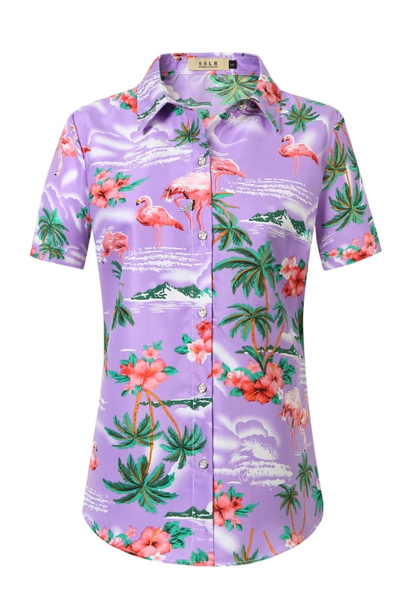 Hawaiian Shirt for Women Flamingo Short Sleeve Casual Button Down Shirts Beach Aloha Tops