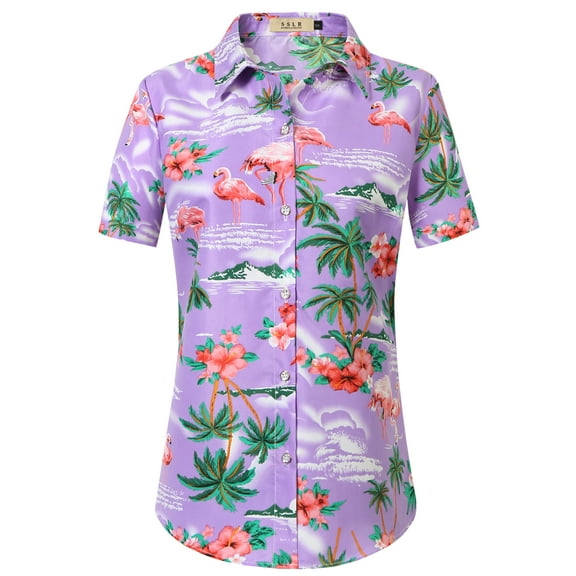 SSLR Hawaiian Shirt for Women Flamingo Short Sleeve Casual Button Down Shirts Beach Aloha Tops