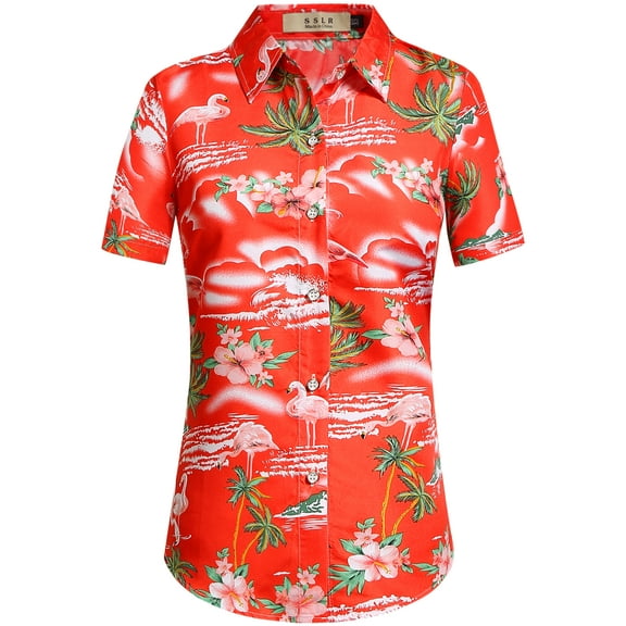 SSLR Hawaiian Shirt for Women Flamingo Short Sleeve Casual Button Down Shirts Beach Aloha Tops