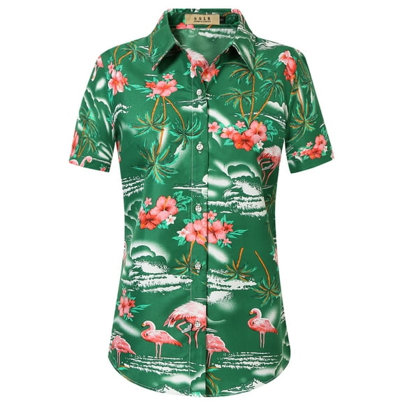 SSLR Hawaiian Shirt for Women Flamingo Short Sleeve Casual Button Down Shirts Beach Aloha Tops