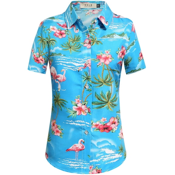 SSLR Hawaiian Shirt for Women Flamingo Short Sleeve Casual Button Down Shirts Beach Aloha Tops