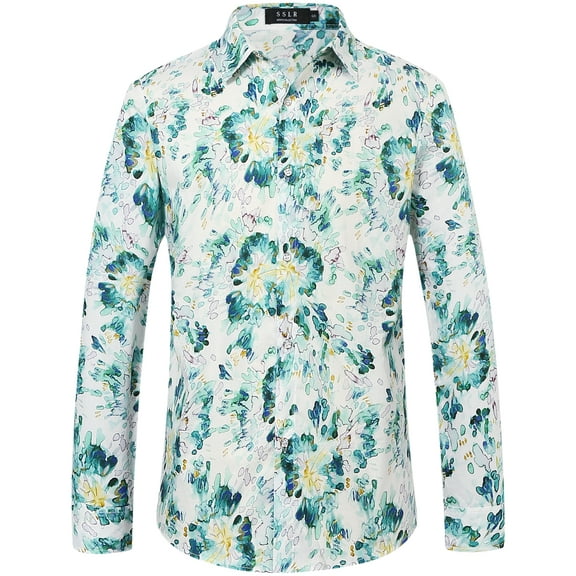 SSLR Hawaiian Shirts for Men Dress Shirt Button Down Shirt Floral Long Sleeve Shirt