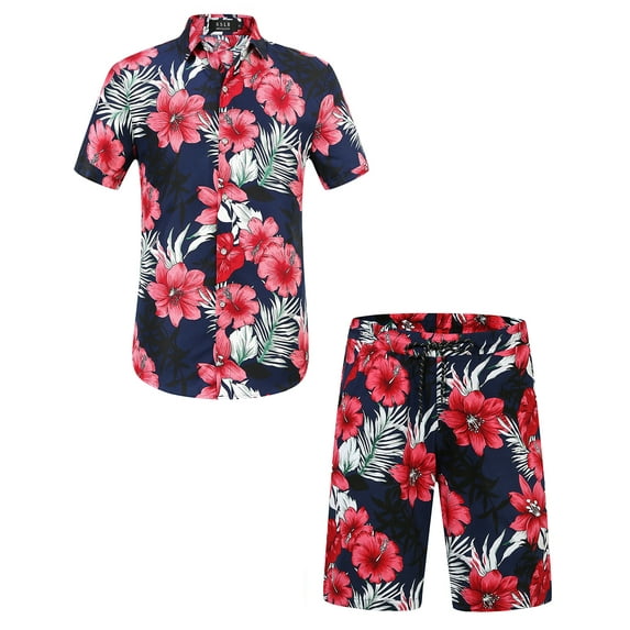 SSLR Men Hawaiian Shirt + Shorts Suits Casual Short Sleeve Button Down Beach Shirt Sets