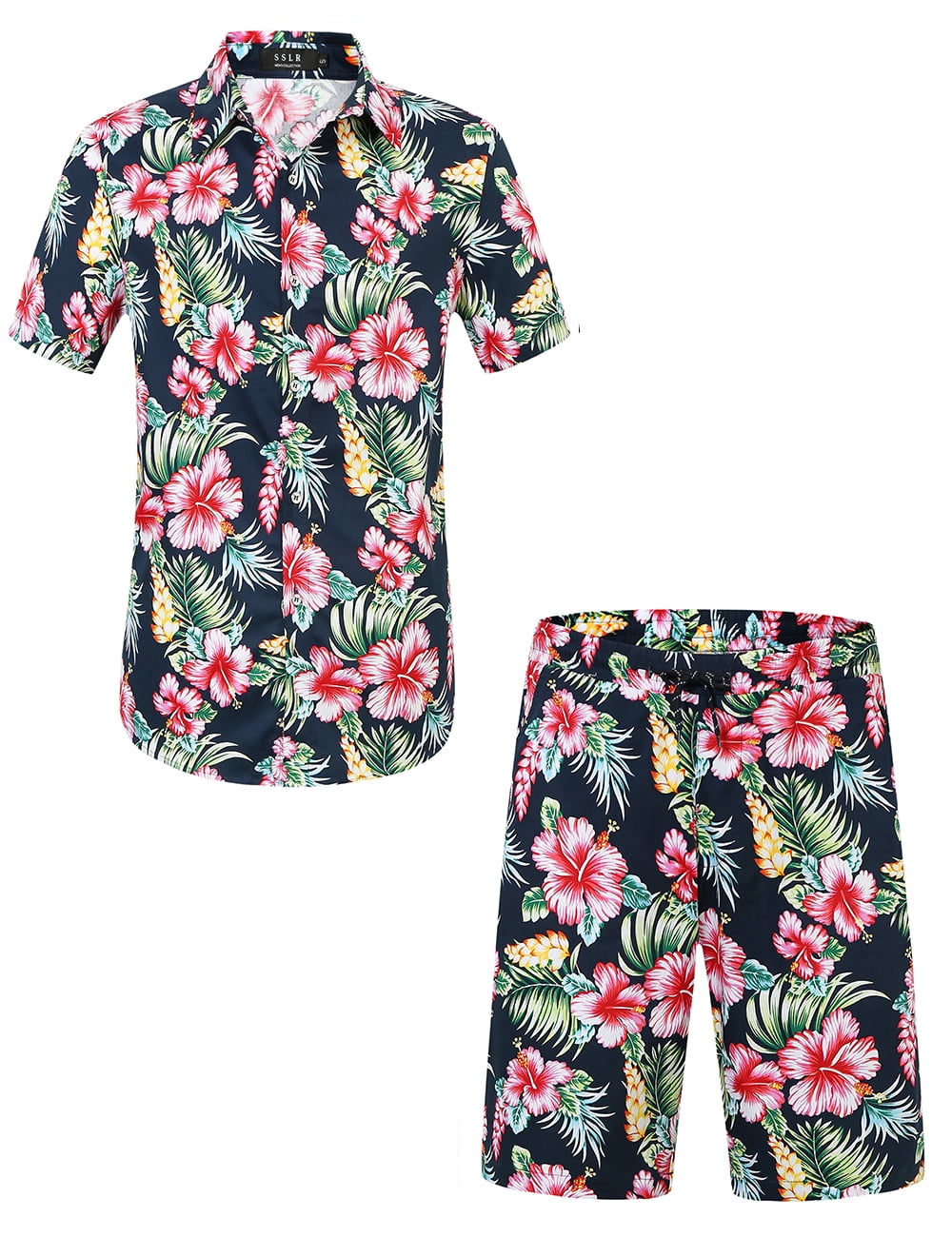 SSLR Men Hawaiian Shirt + Shorts Suits Casual Short Sleeve Button Down