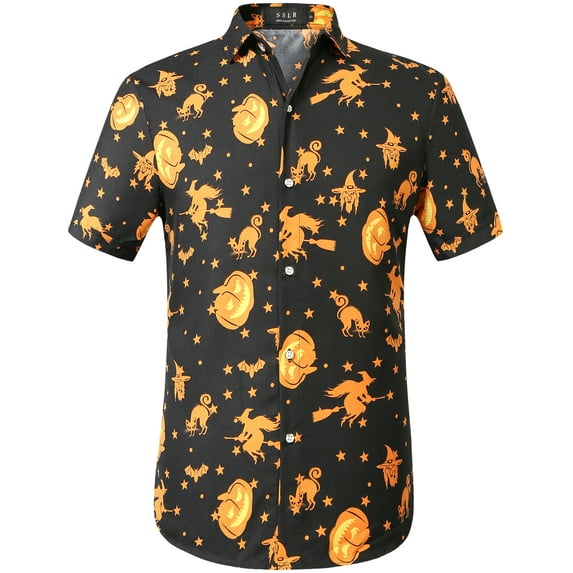 SSLR Mens Halloween Shirt Pumpkins Shirt Short Sleeve Button Down Shirt