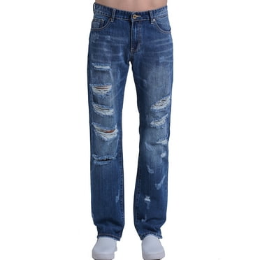 SSLR Mens Ripped Jeans Regular Fit Distressed Stretch Denim Jeans