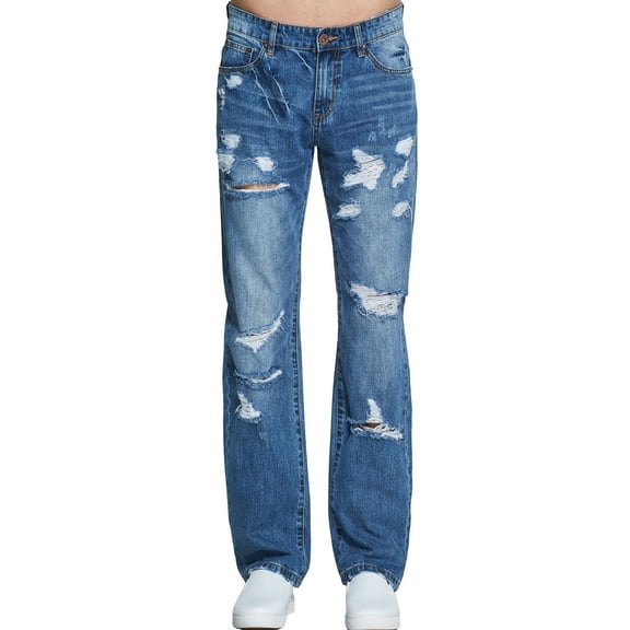 SSLR Mens Ripped Jeans Regular Fit Distressed Stretch Denim Jeans
